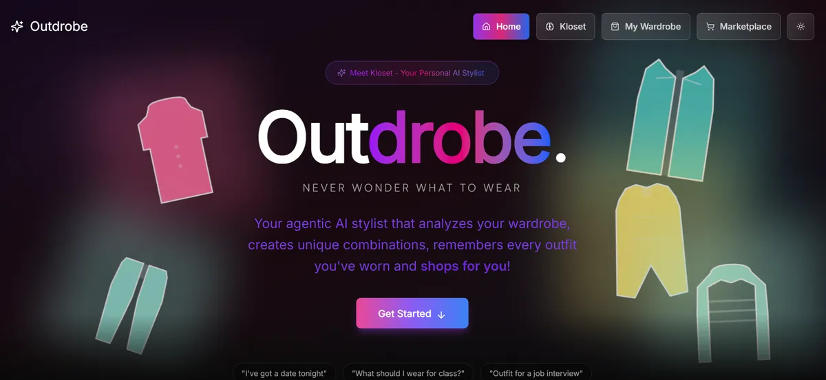 OutDrobe home page with the tagline Never wonder what to wear and floating clothing items